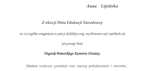 Nagroda Kuratora Oświaty dla Pani Anny Lipińskiej z XIX LO