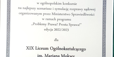 XIX Liceum Ogólnokształcące Pierwszym Laureatem w Ogólnopolskim Konkursie na najlepszy scenariusz i symulację rozprawy sądowej.